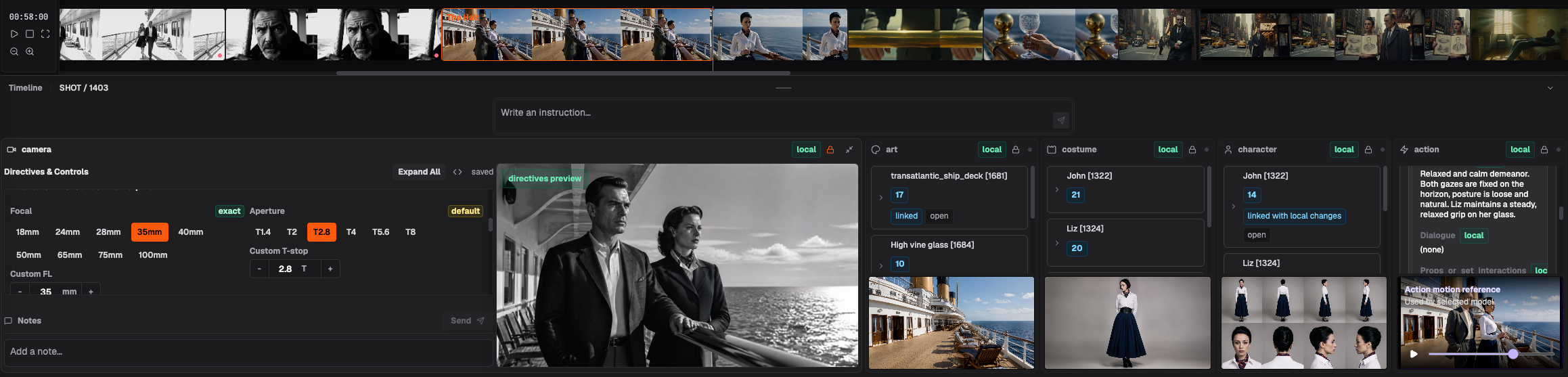 Shotro’s connected camera, art, costume, character, and action departments for the cruise scene, with framing controls and shared visual references.