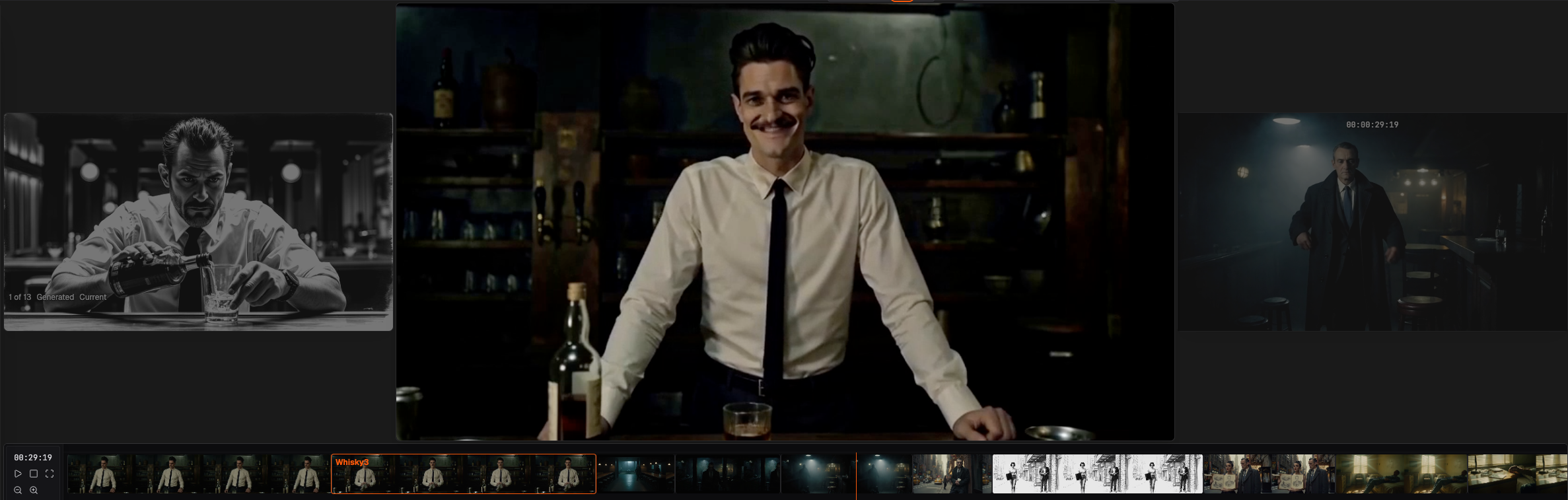 Generated jazz-bar footage in Shotro, with a bartender preview, storyboard and scene references, and the film timeline.