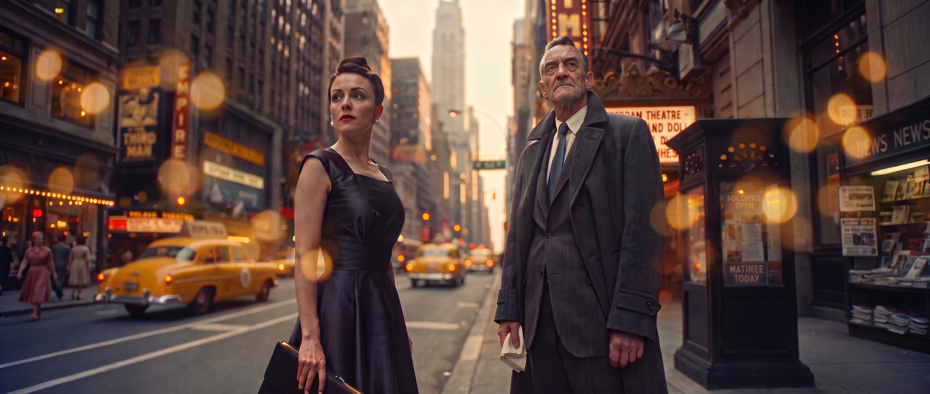 Cinematic illustration of two people on a city street with yellow taxis and theater marquees.